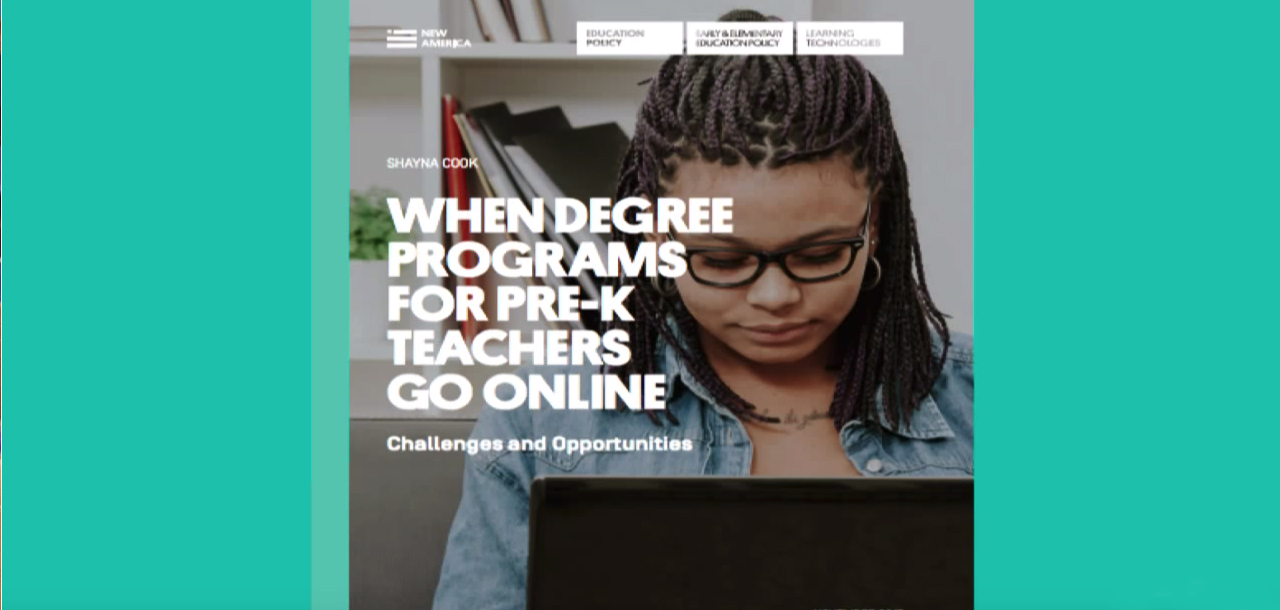 A screenshot of a women looking down at her open laptop with the words 'When Degree Programs for Pre-K Teachers Go Online' typed out.