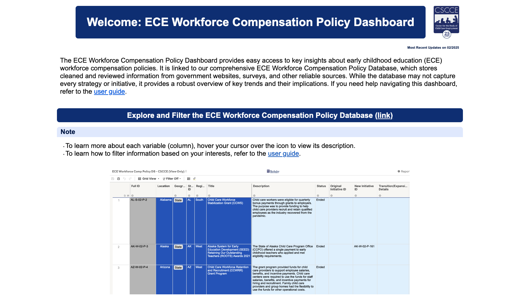 Screenshot of ECE Workforce Compensation Policy Database. Screenshot of ECE Workforce Compensation Policy Database.