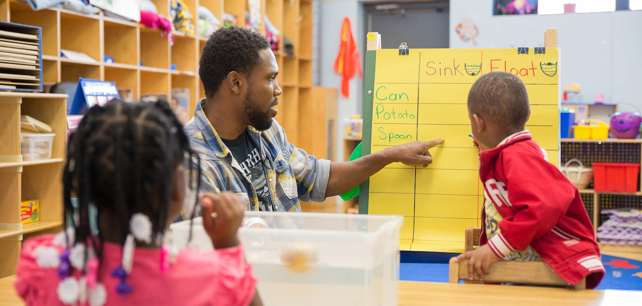 A childcare provider and two children are testing if objects are sink or float on a paper chart hanging from an easel.