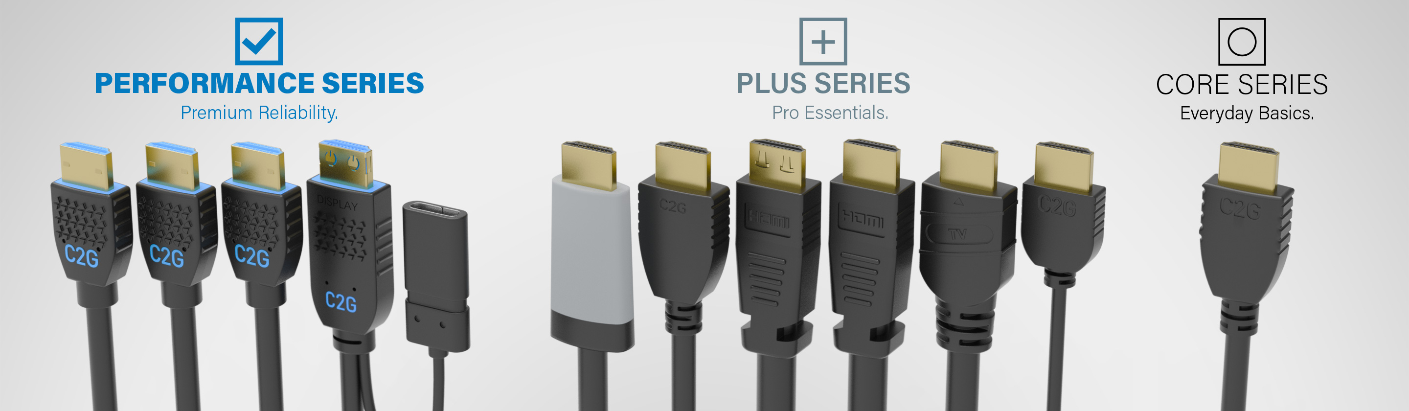 C2G Performance, Plus, and Core Series HDMI connectors on a grey background