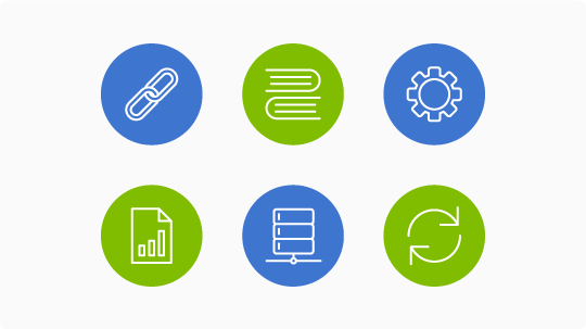 Icons representing databases, linking, renewals and more