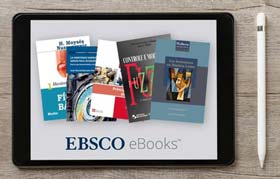 Tablet içerisibde ekitap görselleri ve EBSCO eBooks logosu, tablet yanında ise tablet kalemi