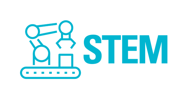为了展示STEM整合了科学、技术、工程和数学,蓝色的线条图显示了机械臂伸手去拿传送带上的盒子